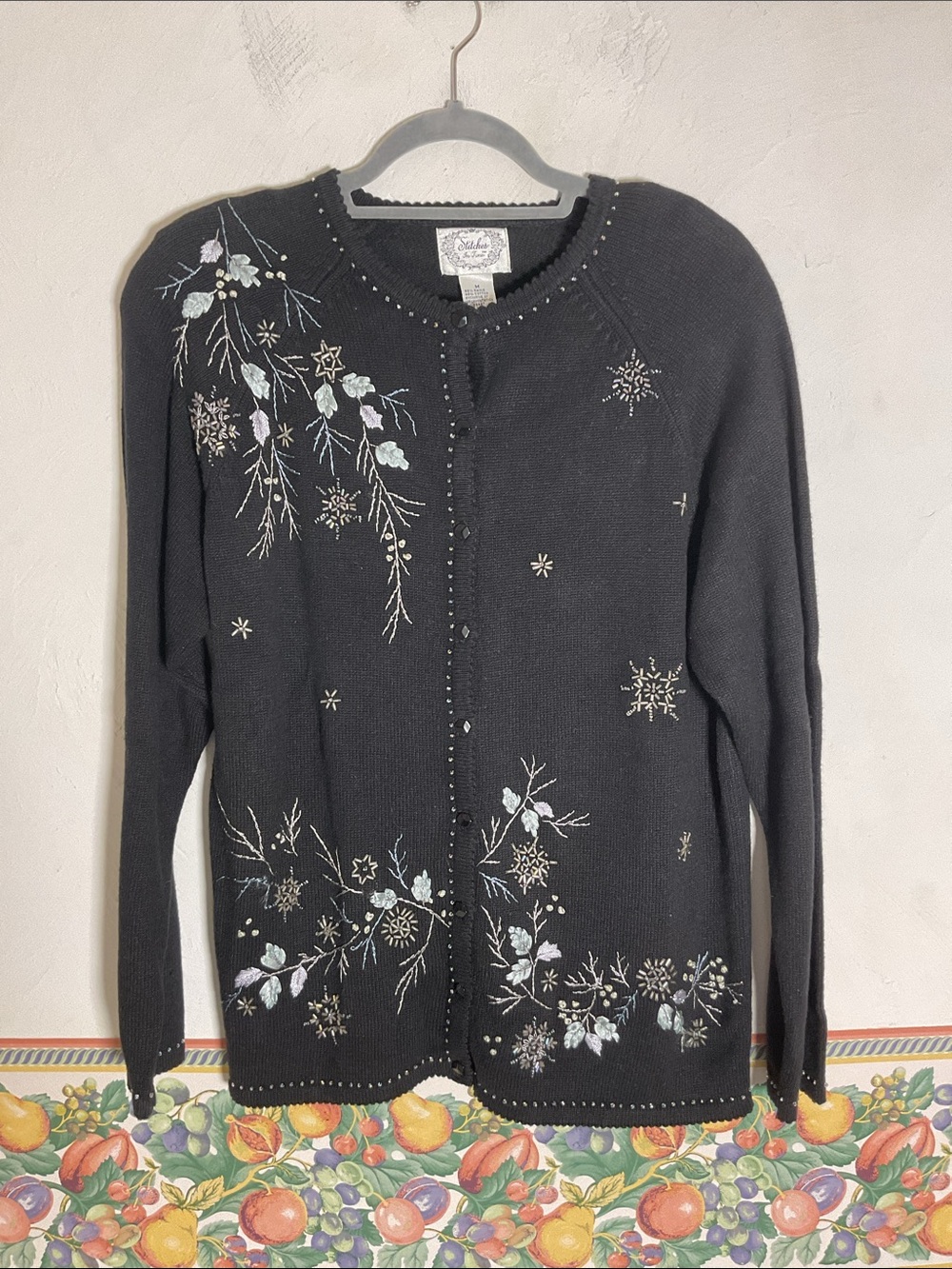 Stitches In Time Vintage Beaded Snowflake Embroidered Cardigan Sweater M Black